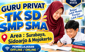Guru les privat perempuan sedang mendampingi anak SD belajar Matematika dengan sabar di rumah area Surabaya Sidoarjo.